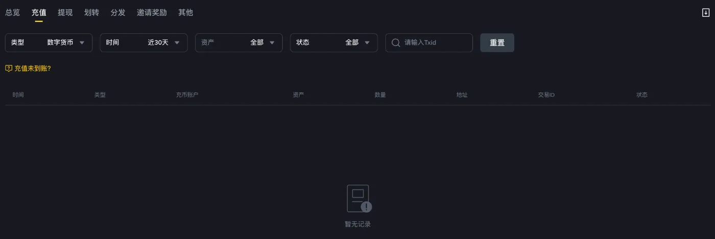 币安充值记录：可按时间、币种、状态筛选，也可以直接输入 TxID 查询